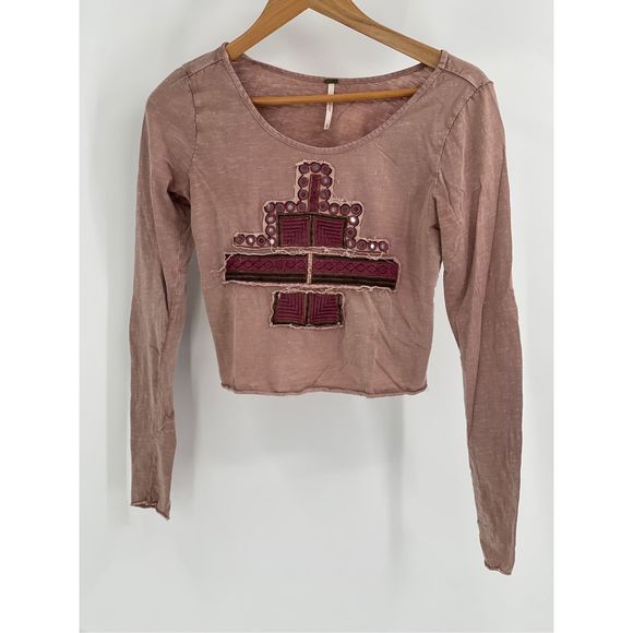 Free People Top Crop Women XS Pink Mauve Embroidered V Neck Bohemian Flutter - Picture 12 of 13